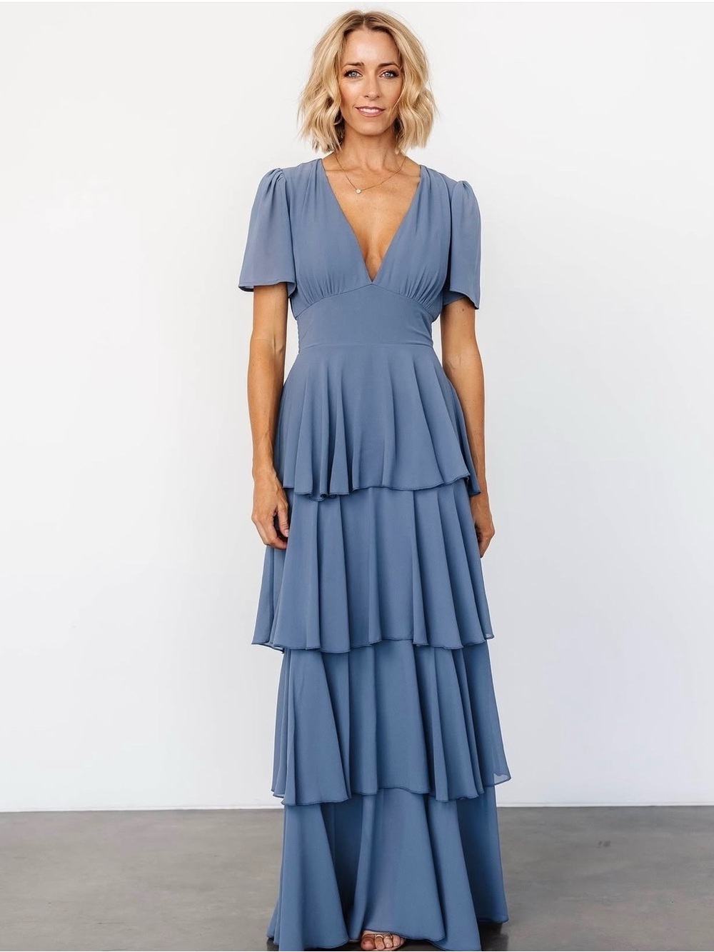 NWT Baltic Born Dusty Blue Tiered V-Neck Maxi Dress